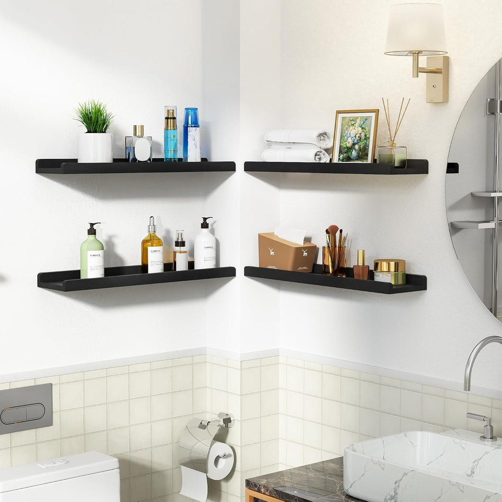 24" Étagères murales flottantes noires avec rebord, bois massif, ensemble de 4