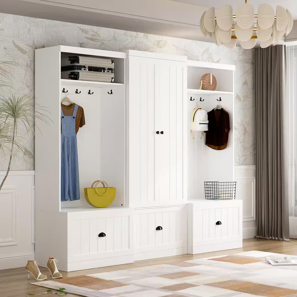 70.9 In. H X 86.8 In. W, White Wood Shoe Storage Bench, Coat Hanger & Wardrobe 3-IN-1 (Shoe Storage & Wardrobe)