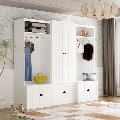 70.9 In. H X 86.8 In. W, White Wood Shoe Storage Bench, Coat Hanger & Wardrobe 3-IN-1 (Shoe Storage & Wardrobe)
