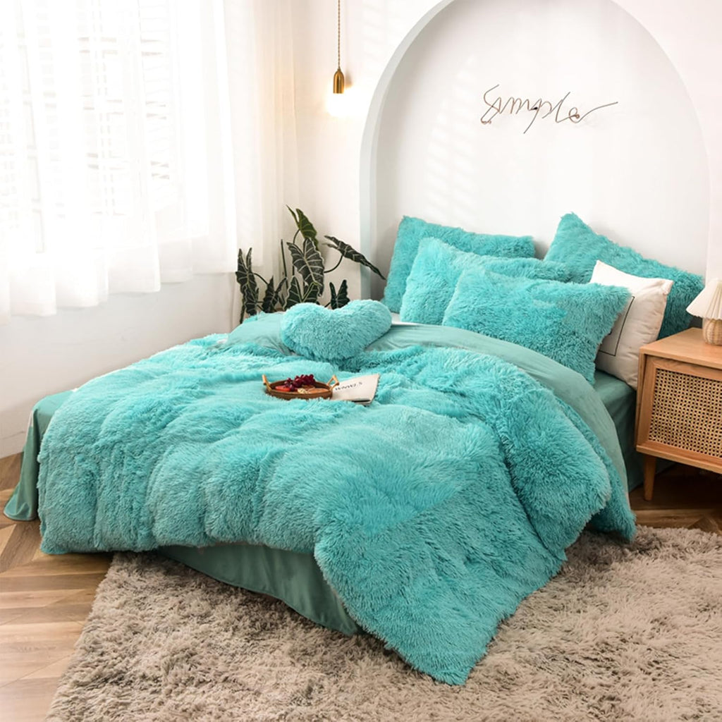 5 pièces Ensemble de literie housse de couette shaggy – Longue fourrure synthétique luxueuse ultra douce (Aqua, Full/Queen)