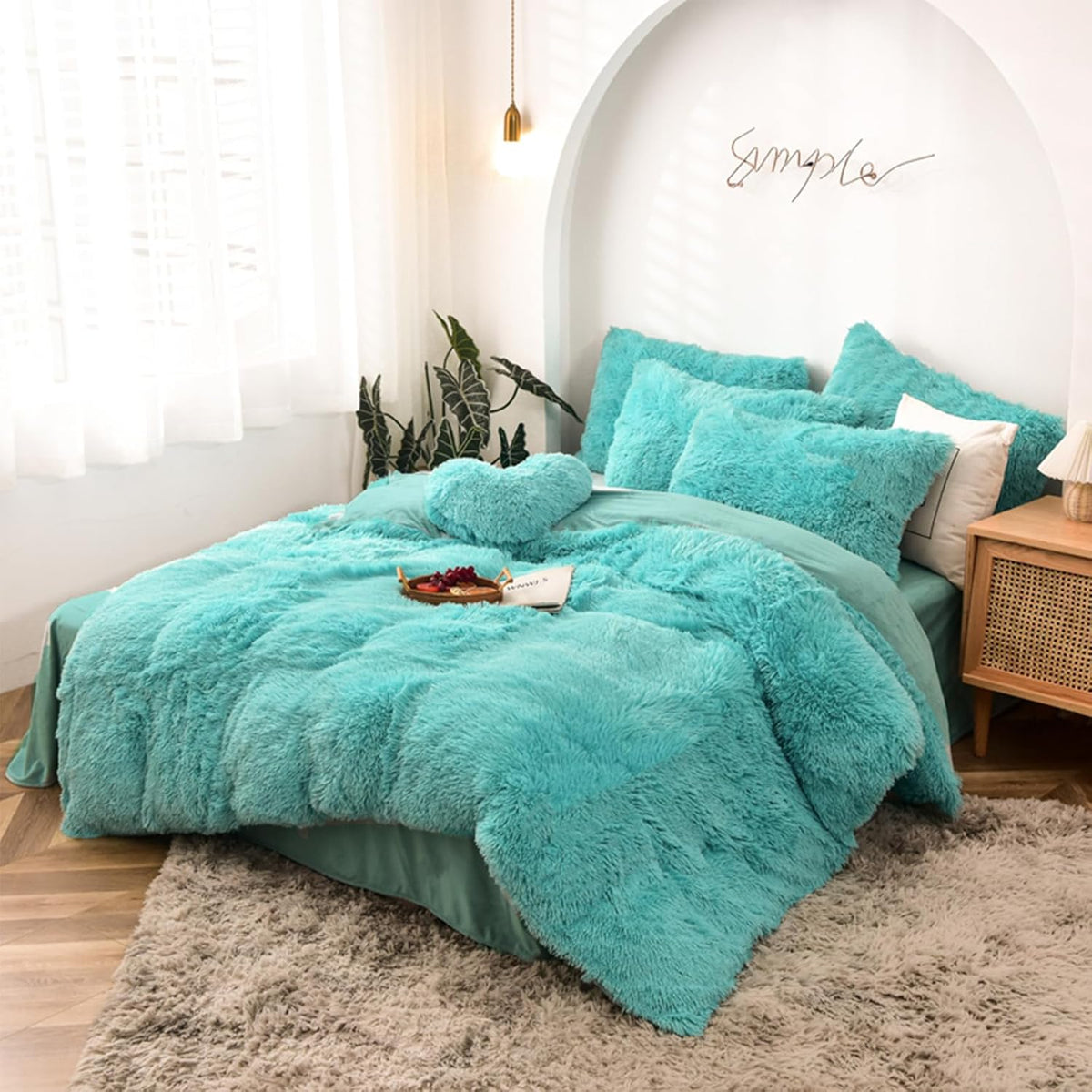 5 pièces Ensemble de literie housse de couette shaggy – Longue fourrure synthétique luxueuse ultra douce (Aqua, Full/Queen)