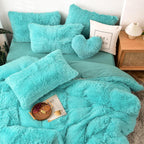 5 pièces Ensemble de literie housse de couette shaggy – Longue fourrure synthétique luxueuse ultra douce (Aqua, Full/Queen)