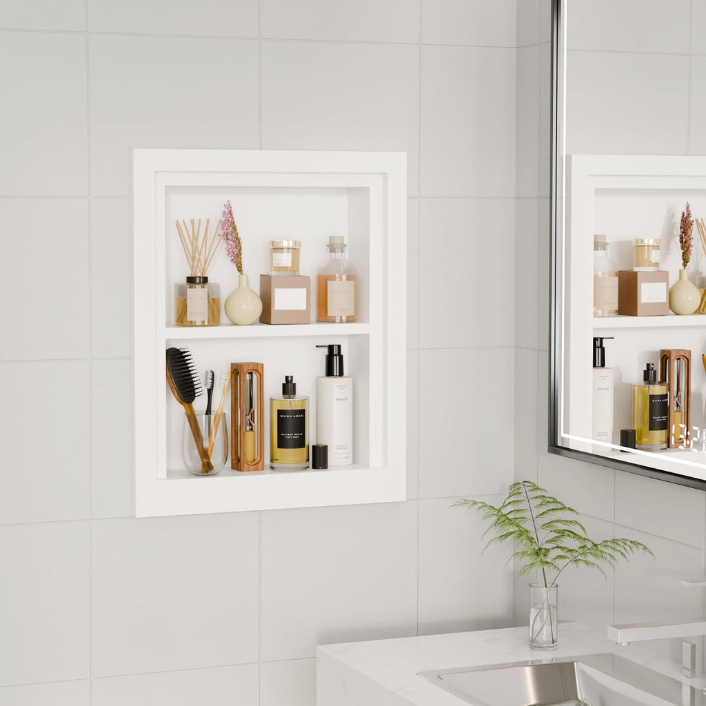 Solid Wood 14 X 18 Recessed Medicine Cabinet,2-Tier, Medicine Cabinet Organizer,Wall Niche, Bathroom Wall Cabinet, Recessed Bathroom Cabinet,Recessed Wall Cabinet, Bathroom Cabinet with Storage, White
