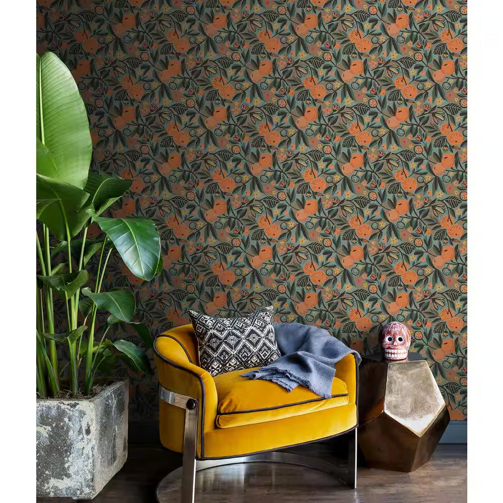 Teal Clementine Garden Vinyl Matte Peel and Stick Wallpaper Roll