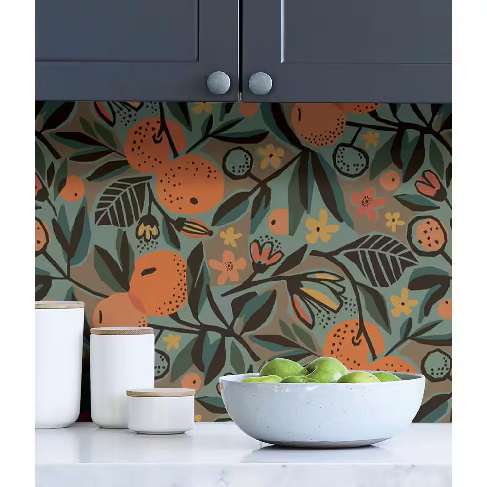 Teal Clementine Garden Vinyl Matte Peel and Stick Wallpaper Roll
