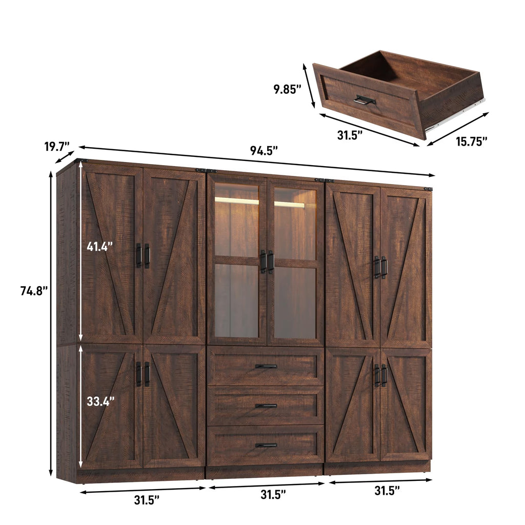 6 Door Farmhouse Armoire Wardrobe Closet for Bedroom with 3 Drawers, 75"H Tall Armoire Wardrobe Set with LED Sensor Light & Hanging Rod, Freestanding Closet Wardrobe Cabinet Glass Doors