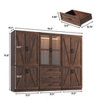 6 Door Farmhouse Armoire Wardrobe Closet for Bedroom with 3 Drawers, 75"H Tall Armoire Wardrobe Set with LED Sensor Light & Hanging Rod, Freestanding Closet Wardrobe Cabinet Glass Doors