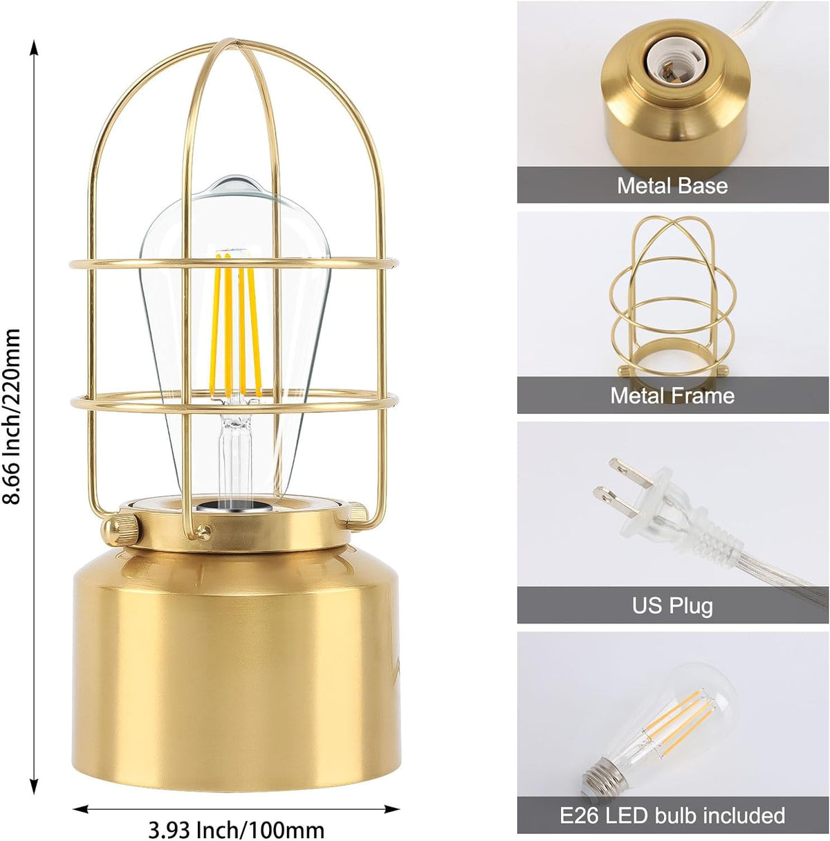 Small Touch Gold Table Lamp for Small Spaces - 3 Way Dimmable Industrial Bedside Lamp - Steampunk Antique Nightstand Desk for Bedroom, Living Room (Bulb Included)