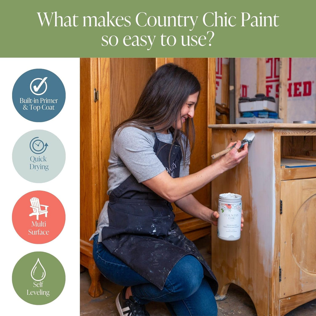 Peinture à la craie tout-en-un Country Chic pour meubles, placards, décoration intérieure — Écologique, finition mate, apprêt et finition intégrés pour bois et métal, couleur Moutarde Fraîche (Jaune moutarde) — Pinte 16 Oz (475 Ml)