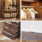 6 Door Farmhouse Armoire Wardrobe Closet for Bedroom with 3 Drawers, 75"H Tall Armoire Wardrobe Set with LED Sensor Light & Hanging Rod, Freestanding Closet Wardrobe Cabinet Glass Doors