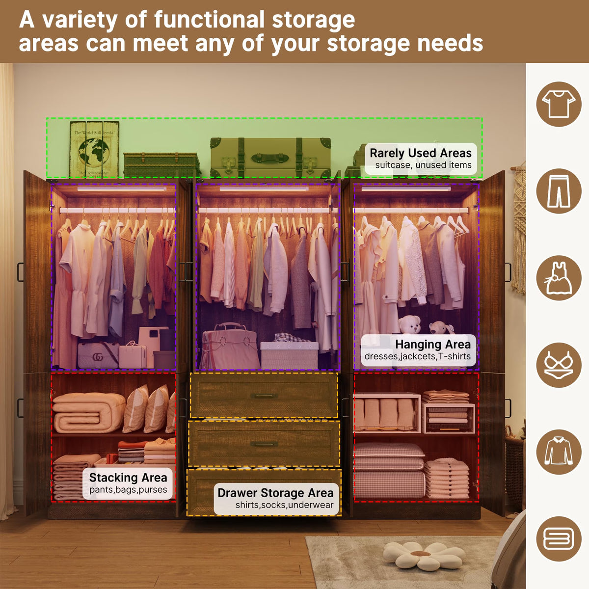 6 Door Farmhouse Armoire Wardrobe Closet for Bedroom with 3 Drawers, 75"H Tall Armoire Wardrobe Set with LED Sensor Light & Hanging Rod, Freestanding Closet Wardrobe Cabinet Glass Doors