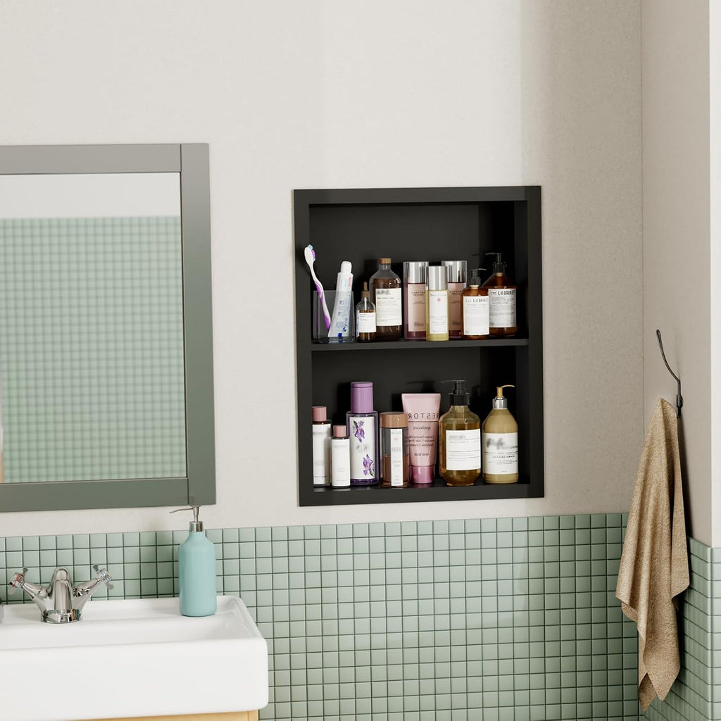 14X18 Medicine Cabinet Recessed Stainless Steel, 2-Tier, Medicine Cabinet Organizer,Stainless Steel Wall Niche, Bathroom Wall Cabinet, Recessed Bathroom Cabinet, Wall Cabinet, Black