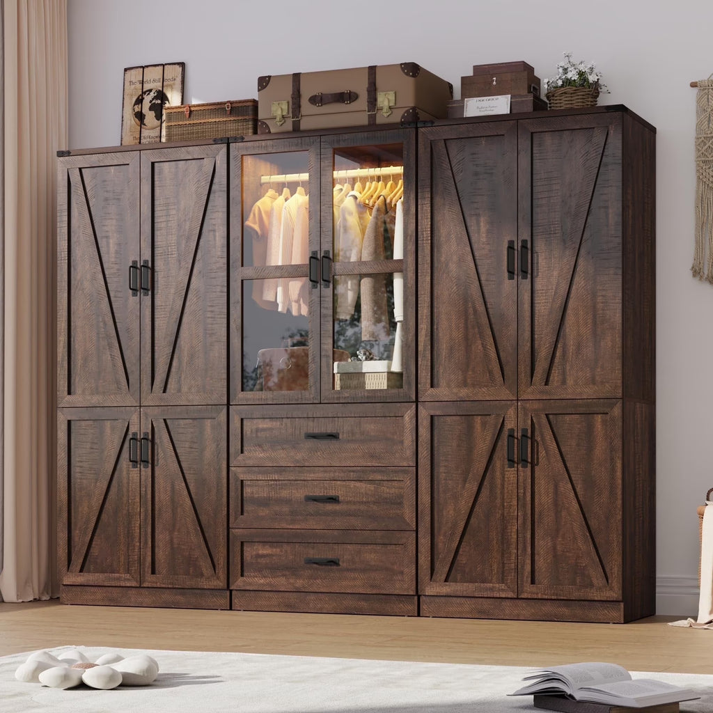 6 Door Farmhouse Armoire Wardrobe Closet for Bedroom with 3 Drawers, 75"H Tall Armoire Wardrobe Set with LED Sensor Light & Hanging Rod, Freestanding Closet Wardrobe Cabinet Glass Doors