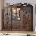 6 Door Farmhouse Armoire Wardrobe Closet for Bedroom with 3 Drawers, 75"H Tall Armoire Wardrobe Set with LED Sensor Light & Hanging Rod, Freestanding Closet Wardrobe Cabinet Glass Doors