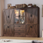 6 Door Farmhouse Armoire Wardrobe Closet for Bedroom with 3 Drawers, 75"H Tall Armoire Wardrobe Set with LED Sensor Light & Hanging Rod, Freestanding Closet Wardrobe Cabinet Glass Doors