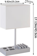 Bedside Table Lamp with 3 USB Charging Ports, 2 AC Outlets and 3 Phone Stands, Modern USB Desk Lamp with Silver Wooden Base