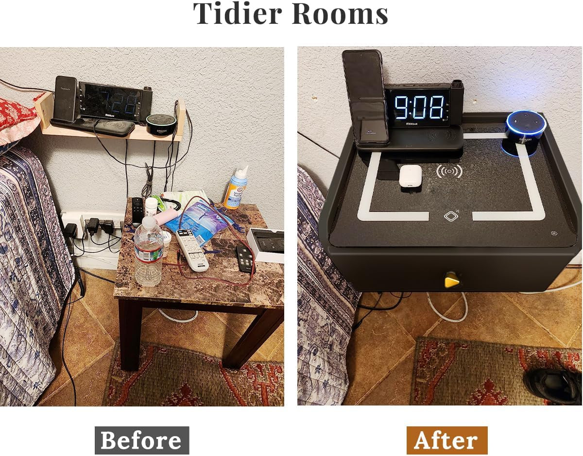 Floating Nightstand with Wireless Charging Station Bedside Table LED Smart Bedside Table Wall Mounted Nightstand Dorm Night Stand Black