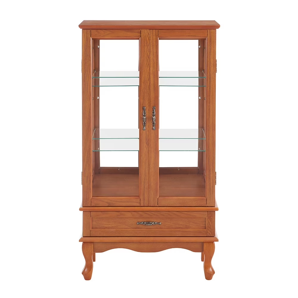 Display Cabinet, Display Case, Storage Cabinet,Lighted Glass Cabinet Glass Wine Cabinet Curio Display Cabinet with Doors and Drawer,Oak