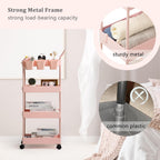 4-Tier Pink Slim Storage Cart, Narrow Laundry Cart with Wheels, Dividers, Hanging Cups, Hooks, Easy Assembly