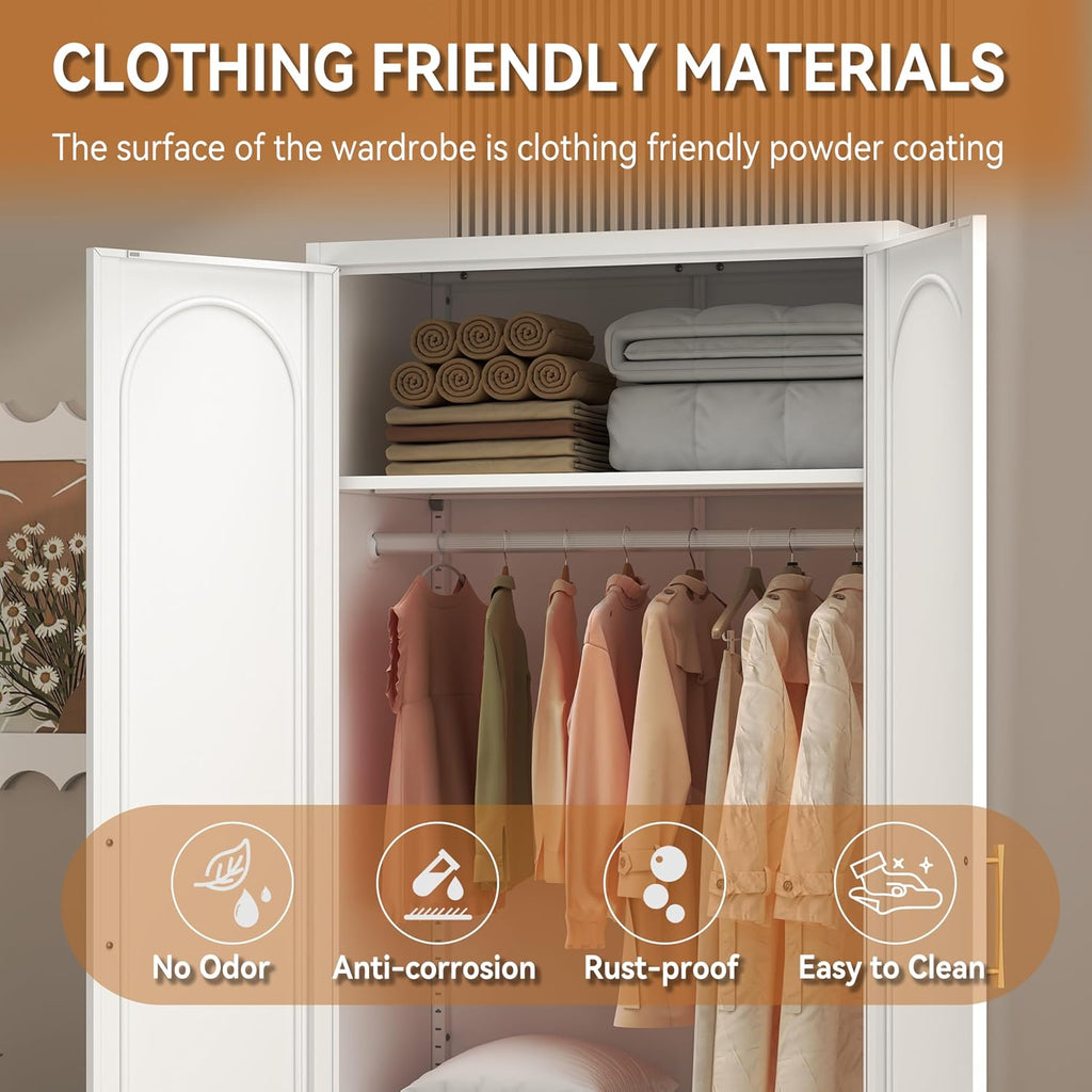 71" White Metal Armoire Wardrobe Closet with 2 Doors and Shelves