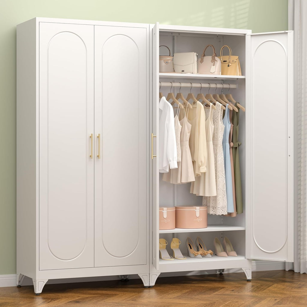 71" White Metal Armoire Wardrobe Closet with 2 Doors and Shelves