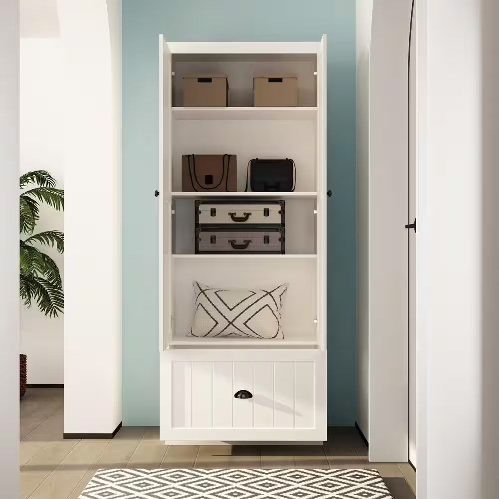 70.9 In. H X 86.8 In. W, White Wood Shoe Storage Bench, Coat Hanger & Wardrobe 3-IN-1 (Shoe Storage & Wardrobe)